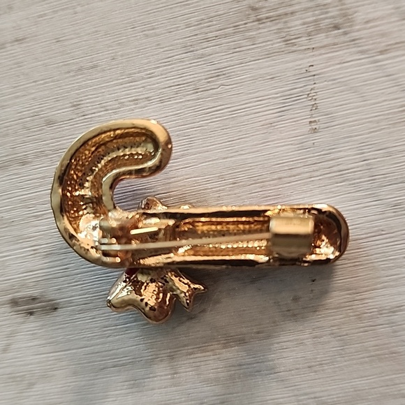 Red Green Gold Enamel and Rhinestone Christmas  Candy Cane - Picture 3 of 5